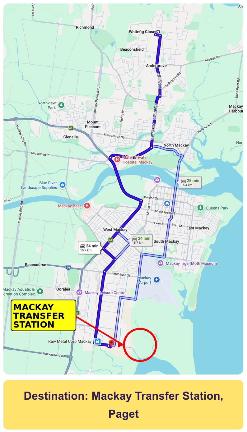 Map showing the route from Whitefig Close in Andergrove to the Mackay Transfer Station in Paget